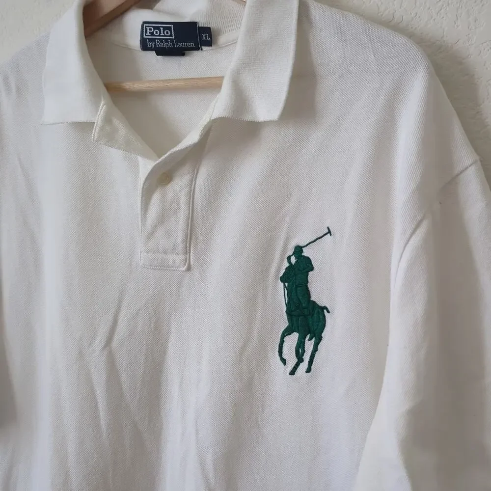 Vintage 90s? Polo Ralph Lauren Men's Solid White Green Logo Big Pony Horse Shirt